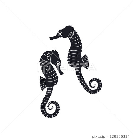 Doodle sea horse couple clipart hand drawn monochrome vector illustration. Cute black ink silhouette tropical fish design 129330334