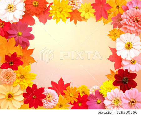 秋の花と紅葉のフレーム背景 129330566