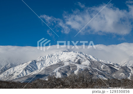 冬の北アルプスと低い雲　長野県白馬村 129330856