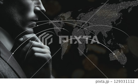 未来的な企業リーダーシップコンセプト、輝く点と線で形成されたグローバル貿易ルートを持つビジネスマン 未来的な企業リーダーシップコンセプト、輝く点と線で形成されたグローバル貿易ルートを持つビジネスマン 129331112
