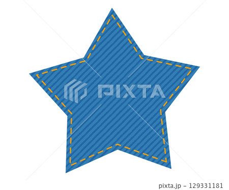Patch denim star shape with stitches seam jeans fashion illustration. Flat apparel blue color template isolated on whit 129331181