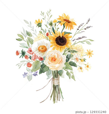 Illustration of pastel watercolor bouquet with sunflowers and garden flowers. Perfect for wedding invitations and cards. 129331240
