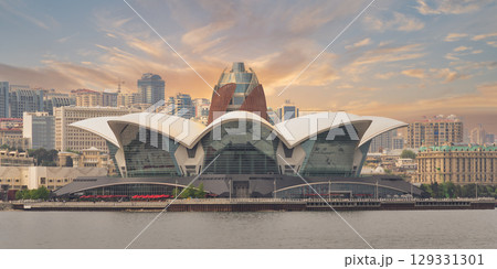 Deniz Mall, a modern architectural landmark on the waterfront in Baku, Azerbaijan, at dusk 129331301