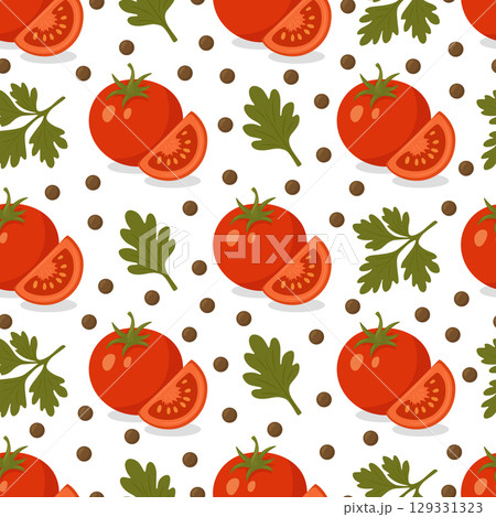 Vector Seamless Pattern with Tomatoes, Parsley and Peppercorns. Fresh Vegetable Food Background for Culinary Design. Natural Cooking Ingredients, Organic Kitchen Decor, Italian Cuisine Illustration. 129331323