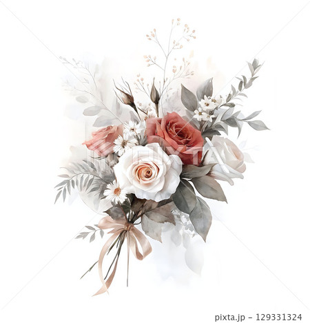 Illustration of pastel watercolor bouquet with roses on white background. Perfect for wedding invitations and cards. 129331324