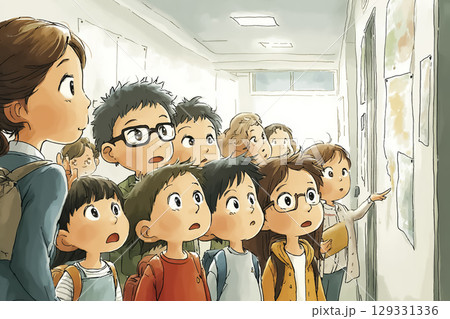 避難経路を確認する先生と児童（廊下） 129331336