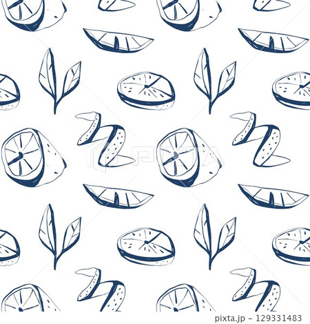 Seamless lemon twist pattern with leaves, slices and peels in deep blue on white for modern food and kitchen design 129331483