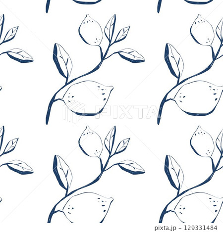 Seamless hand drawn lemon branch pattern in modern blue and white color scheme for fabric and packaging Seamless hand drawn lemon branch pattern in modern blue and white color scheme for fabric and packaging 129331484