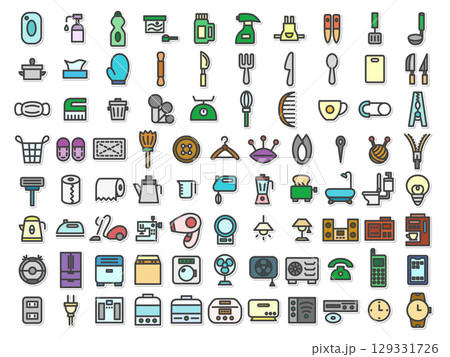 ステッカー風日用品家電関連のアイコンセット（背景なし） 129331726
