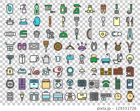 ステッカー風日用品家電関連のアイコンセット（背景なし） 129331726