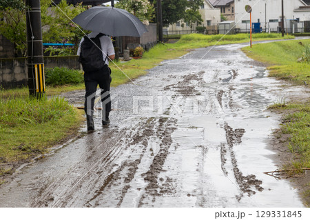 大雨で土砂が川から上がったところを歩いている男性 129331845