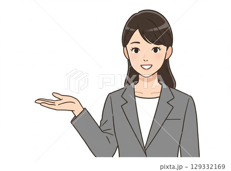 日本人OLポーズ／笑顔でご案内（白バック・切り抜き用） 129332169