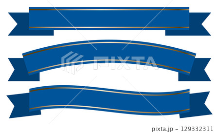 リボン見出しタイトル素材イラスト　シンプル濃紺青色　伝統的イメージのネイビーカラー 129332311