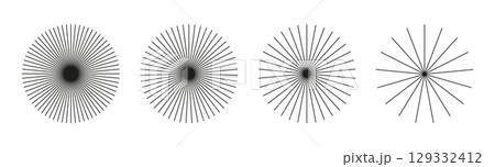 Set of Sunburst element, radial stripes. Ray beams, burst. Sun star rays. Spokes with radiating stripes grid. Radial circle radiation lines. Circular lines. Outline abstract graphic illusion pattern. 129332412