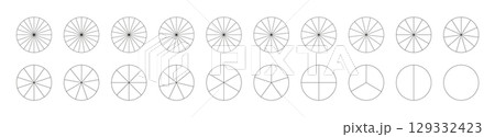 Set of pie, pizza charts. Segmented charts. Many number of sectors divide the circle on equal parts. Segments infographic. Diagram wheel parts.  129332423
