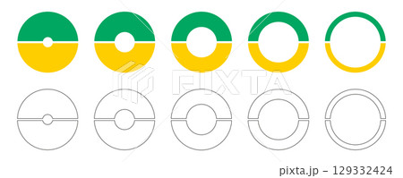 Donut charts, pies segmented on 2 equal parts. Set of infographic multicoloured diagrams. Wheels divided in two sections. Circle section graphs. Pie, pizza charts round icons. Loading bar templates. 129332424