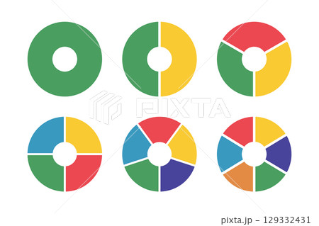 Donut charts segmented on equal parts. Diagrams infographic multicoloured. Wheels divided in sections. Circle section graph. Pie, pizza chart round icons. Loading bar templates. Donut charts segmented on equal parts. Diagrams infographic multicoloured. Wheels divided in sections. Circle section graph. Pie, pizza chart round icons. Loading bar templates. 129332431