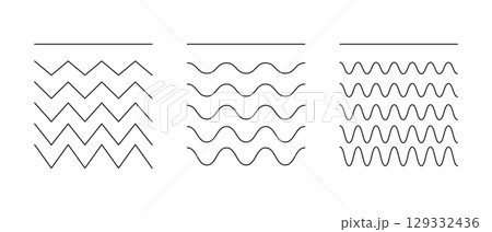 Wavy, curvy, undulate borders, transverse horizontal lines. Sine, fluid, air, wind signs. Water, river, lake, sea, ocean symbols. Minimalist graphic.  129332436