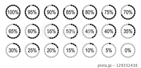 Percentage infographics elements. Round diagrams icons for infographics from 0 to 100 percent. Black, grey color fill divided pie charts indicators. Circle graph loading progress minimalist mockups. 129332438
