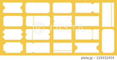 Set of white admit one tickets mockups. Empty flat template. Ticket pattern for cinema, circus, theater, festival, casino, club. Boarding simple blank, lottery, sale minimalist coupon. 129332454