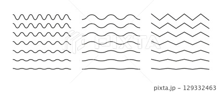 Wavy, curvy lines template. Simple undulate borders, transverse horizontal lines. Sine, fluid, air, wind signs pattern. Water, river, lake, sea, ocean symbol mockup. Outline minimalist black graphic. Wavy, curvy lines template. Simple undulate borders, transverse horizontal lines. Sine, fluid, air, wind signs pattern. Water, river, lake, sea, ocean symbol mockup. Outline minimalist black graphic. 129332463