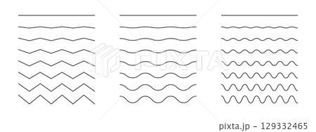 Minimalist set of wavy, curvy, zigzag lines. Simple undulate borders, transverse horizontal black lines. Water, river, lake, sea, ocean symbol. Sine, fluid, air, wind sign. Outline thin trendy graphic Minimalist set of wavy, curvy, zigzag lines. Simple undulate borders, transverse horizontal black lines. Water, river, lake, sea, ocean symbol. Sine, fluid, air, wind sign. Outline thin trendy graphic 129332465