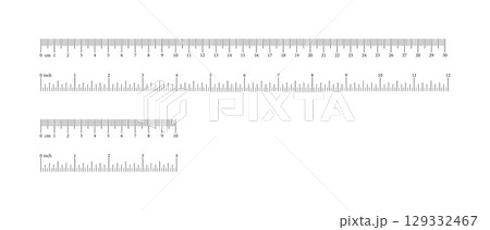 Set of inch, metric rulers. Measuring tool. Scale for ruler in centimeters, inches. Inches, centimeters measuring scales. Metrics indicator cm, inch. Measuring chart 10, 30 centimeters, 4, 12 inches. Set of inch, metric rulers. Measuring tool. Scale for ruler in centimeters, inches. Inches, centimeters measuring scales. Metrics indicator cm, inch. Measuring chart 10, 30 centimeters, 4, 12 inches. 129332467