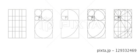 Golden ratio minimalist set. Method golden section mockups. Fibonacci array, numbers shapes. Harmony proportions frames template. Outline graphic illustration. Collection of harmony proportions grids 129332469