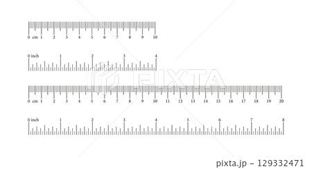 Set of ruler scales 4,8 inch and 10, 20 centimeters, markup, numbers. Measuring sticks. Distance, height, length measurement, sewing tool mockups. Measuring charts, metric, imperial units templates. 129332471
