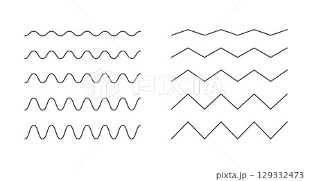 Wavy, curvy lines pattern. Minimal undulate borders, transverse lines. Sine, fluid, air, wind signs mockup. Water, river, lake, sea, ocean symbols. Outline graphic template. 129332473