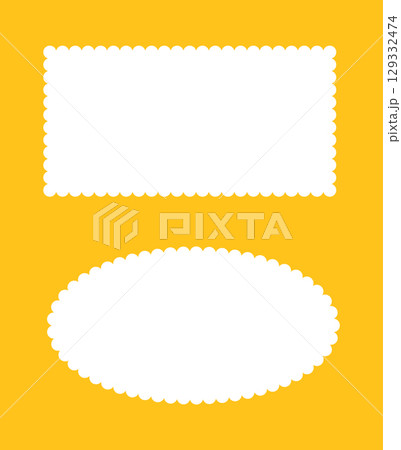 Scalloped backdrops mockup. Scalloped edge rectangle, ellipse shapes, backgrounds. Label vintage forms. Silhouette lace minimal frames. Abstract elements for tag, sticker. 129332474