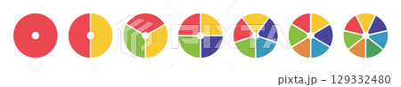 Donut chart icons. Pies segmented on from 1 to 7 equal parts. Wheels divided in sections. Diagrams infographic multicoloured. Circle section graphs. Loading bar mockup. Pizza chart round icons layout. Donut chart icons. Pies segmented on from 1 to 7 equal parts. Wheels divided in sections. Diagrams infographic multicoloured. Circle section graphs. Loading bar mockup. Pizza chart round icons layout. 129332480