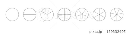 Circle division on from 1 to 7 equal parts. Round divided diagrams with from one to seven segments. Segmented pinwheel black icon. Infographic set. Coaching blanks. Outline graphics. Pizza, pie charts 129332495