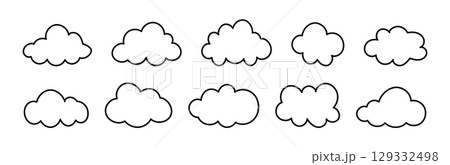 Flat outline clouds. Doodle fluffy clouds. Puffy, cumulus clouds. Cloudy forms mockups in black thin contour. Weather element minimal templates. Objects cloudscape layouts. Hand drawn black cute icon. Flat outline clouds. Doodle fluffy clouds. Puffy, cumulus clouds. Cloudy forms mockups in black thin contour. Weather element minimal templates. Objects cloudscape layouts. Hand drawn black cute icon. 129332498