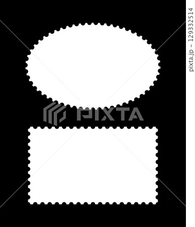 Postage stamp frames set. Empty minimalist borders, backdrops for postcards, letters. White vintage stamps mockups. Tags, labels, coupons, boxes with curvy, wiggly, wavy perforated edges patterns. 129332514