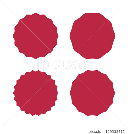 Circle stickers. Wavy edge promo badges. Simple Star burst shape tags for price. Blank sale red stickers. Minimalist silhouette. Flat vintage labels mockups. Graphic illustration. Set of backgrounds. 129332515