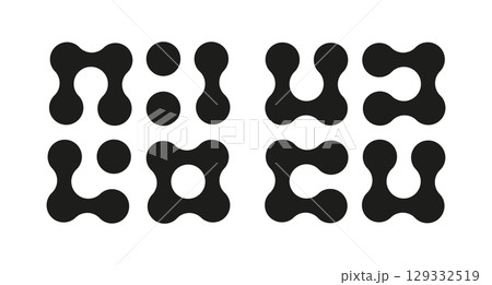 Metaball trendy icon. Connected dots minimalist sign. Integration abstract symbol. Circles simple pattern mockup. Point movement template. Connected blobs. Metaballs transition. Set of flat logotypes. 129332519