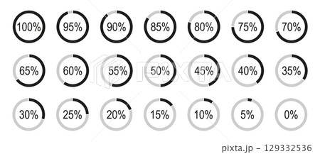 Round diagrams icons for infographics from 0 to 100 percent. Percentage infographics elements. Black, grey color fill divided pie charts minimalist indicator. Circle graph loading progress mockups. 129332536