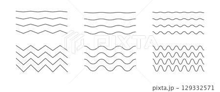Wavy, curvy, zigzag lines set. Undulate borders, transverse horizontal line. Sine, fluid, air, wind signs. Water, river, lake, sea, ocean symbol. Wave ornament pattern. Wavy, curvy, zigzag lines set. Undulate borders, transverse horizontal line. Sine, fluid, air, wind signs. Water, river, lake, sea, ocean symbol. Wave ornament pattern. 129332571