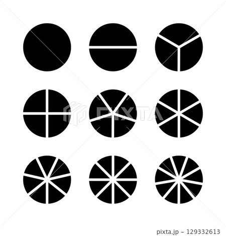 Circle division on 1, 2, 3, 4, 5, 6, 7, 8, 9 equal parts. Infographic minimalist black layout. Wheel round divided diagrams from one to nine segments. Coaching simple blank. Pie, pizza chart mockup. 129332613