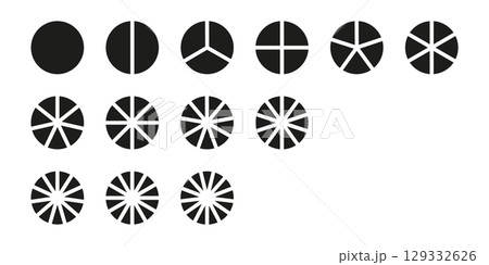 Circle division on from 1 to 13 equal parts collection. Infographic minimalist icons set. Coaching blank layout. Pie, pizza chart mockups. Wheel round divided diagrams from one to thirteen segments. Circle division on from 1 to 13 equal parts collection. Infographic minimalist icons set. Coaching blank layout. Pie, pizza chart mockups. Wheel round divided diagrams from one to thirteen segments. 129332626