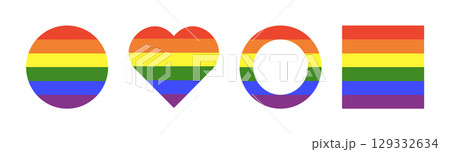 Rainbow flat flag. Gay pride simple frames. Progress Logo symbols pattern. LGBT icons minimal mockup. Set of stickers in rainbow colors. Round, heart, square badge, button. Template for design. 129332634