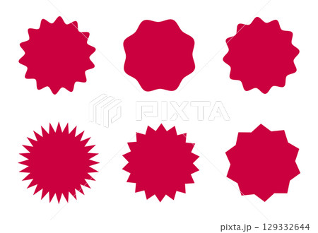 Circle, sunburst, star discount offer, blank sale stickers. Wavy edge promo red badges. Starburst shape tags for price. Frames silhouette. Flat vintage label. Design elements, icon, button, stamp. 129332644