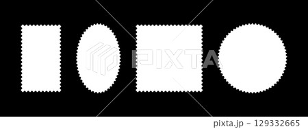 Postage stamp frames. Empty borders, white backdrops for postcards, letters. Blank circle, rectangular vintage stamp mockup. Tags, labels, coupons, boxes with curvy, wiggly, wavy perforated edges. Postage stamp frames. Empty borders, white backdrops for postcards, letters. Blank circle, rectangular vintage stamp mockup. Tags, labels, coupons, boxes with curvy, wiggly, wavy perforated edges. 129332665