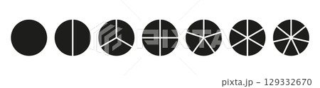 Circle division on 1, 2, 3, 4, 5, 6, 7 equal parts. Infographic minimalist set. Coaching blanks. Pie, pizza charts. Wheel round divided diagrams with one, two, three, four, five, six, seven segments. 129332670