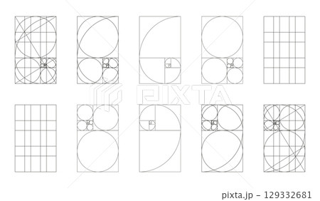 Golden ratio template big set. Method golden section samples. Fibonacci array, numbers forms. Harmony proportions black frames. Outline graphic thin illustration on white background. 129332681
