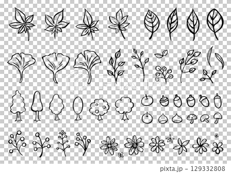 一組手繪黑白線條畫，描繪秋葉、樹木、水果等。 129332808
