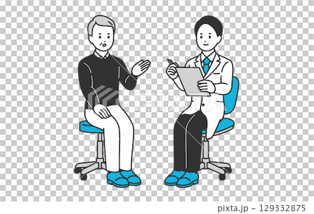 一位男醫師和一位老年男性病患正在進行訪談[人物向量插畫素材] 129332875