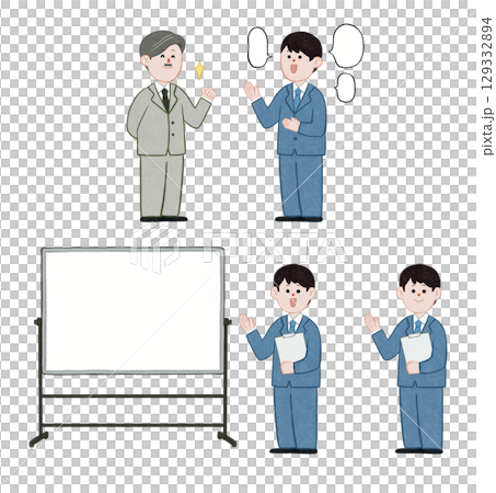 Set of 4 illustrations of men in suits reporting, presenting, meeting, and boss evaluation Set of 4 illustrations of men in suits reporting, presenting, meeting, and boss evaluation 129332894