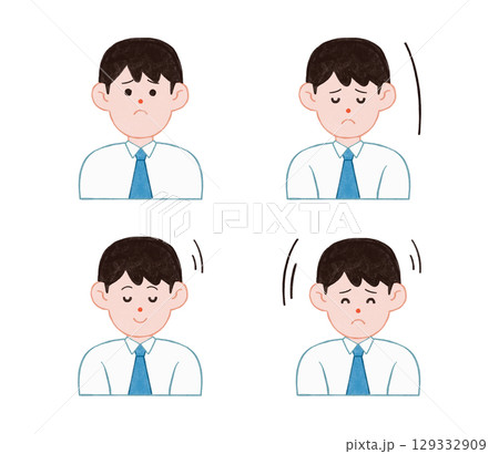 男性会社員のお辞儀・謝罪・悲しみの表情セット（微笑み・お辞儀・謝罪・落ち込み） 129332909